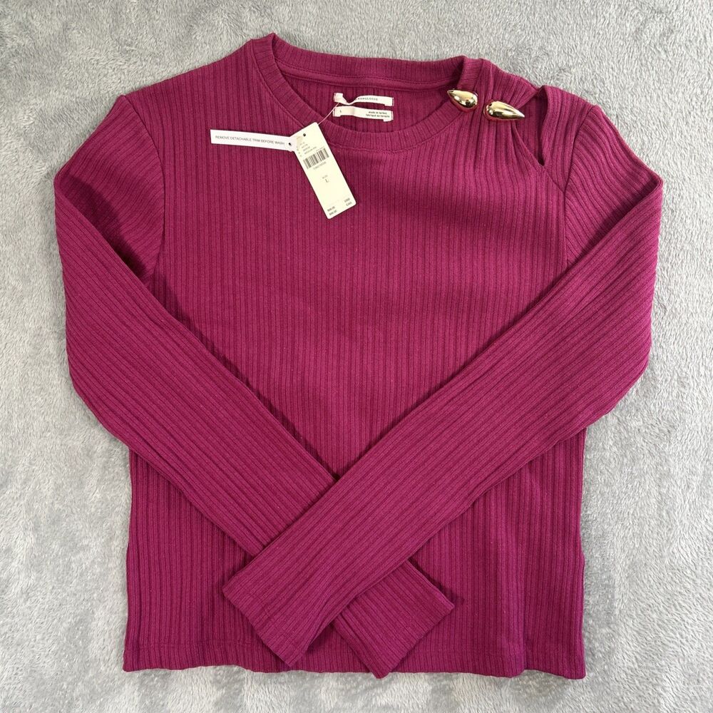 Anthropologie Ribbed Hardware Cutout Sweater Women's Large Pink Pullover Top